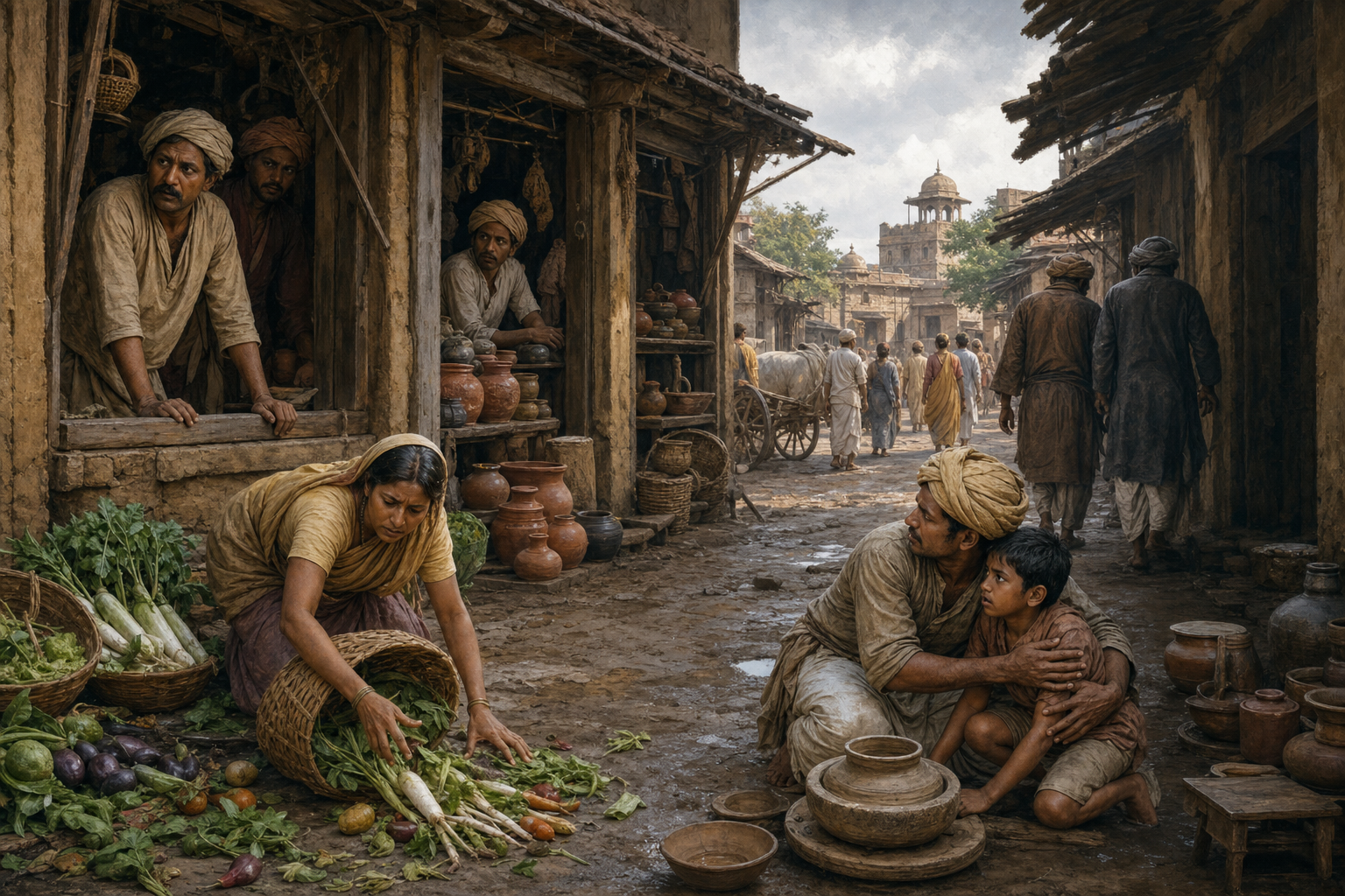 A market seller gathers spilled produce as nearby families and shopkeepers react to intimidation in an ancient Indian town.