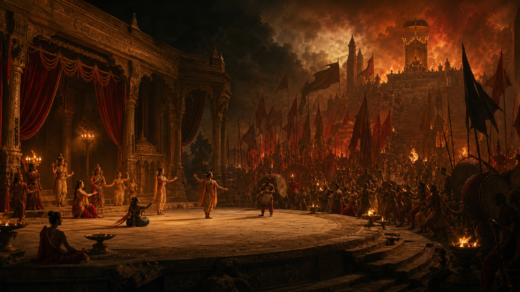 Anonymous performers occupy a warmly balanced heroic tableau on one side of a stone court theatre and a harsh, overwhelming spectacle on the other.
