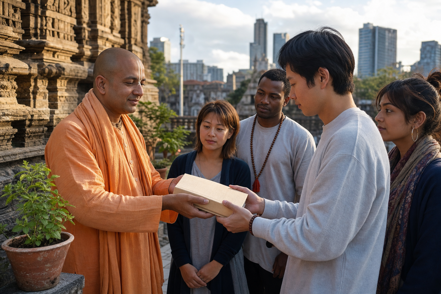 A Vaishnava practitioner offers a clothbound sacred book to a diverse group in a courtyard between temple architecture and a modern city.