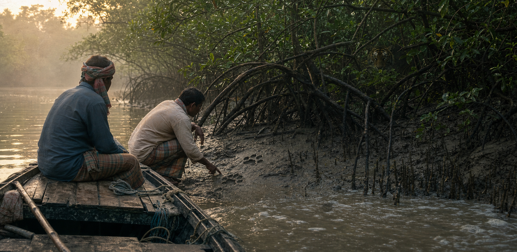 Two people in a wooden boat pause beside a muddy mangrove bank marked by tiger paw prints, with a tiger barely visible in the distant foliage.