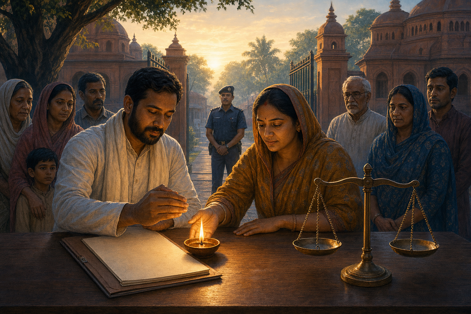 Community members shield an oil lamp beside legal files and balanced scales while neighbors and a public servant gather in a temple courtyard.