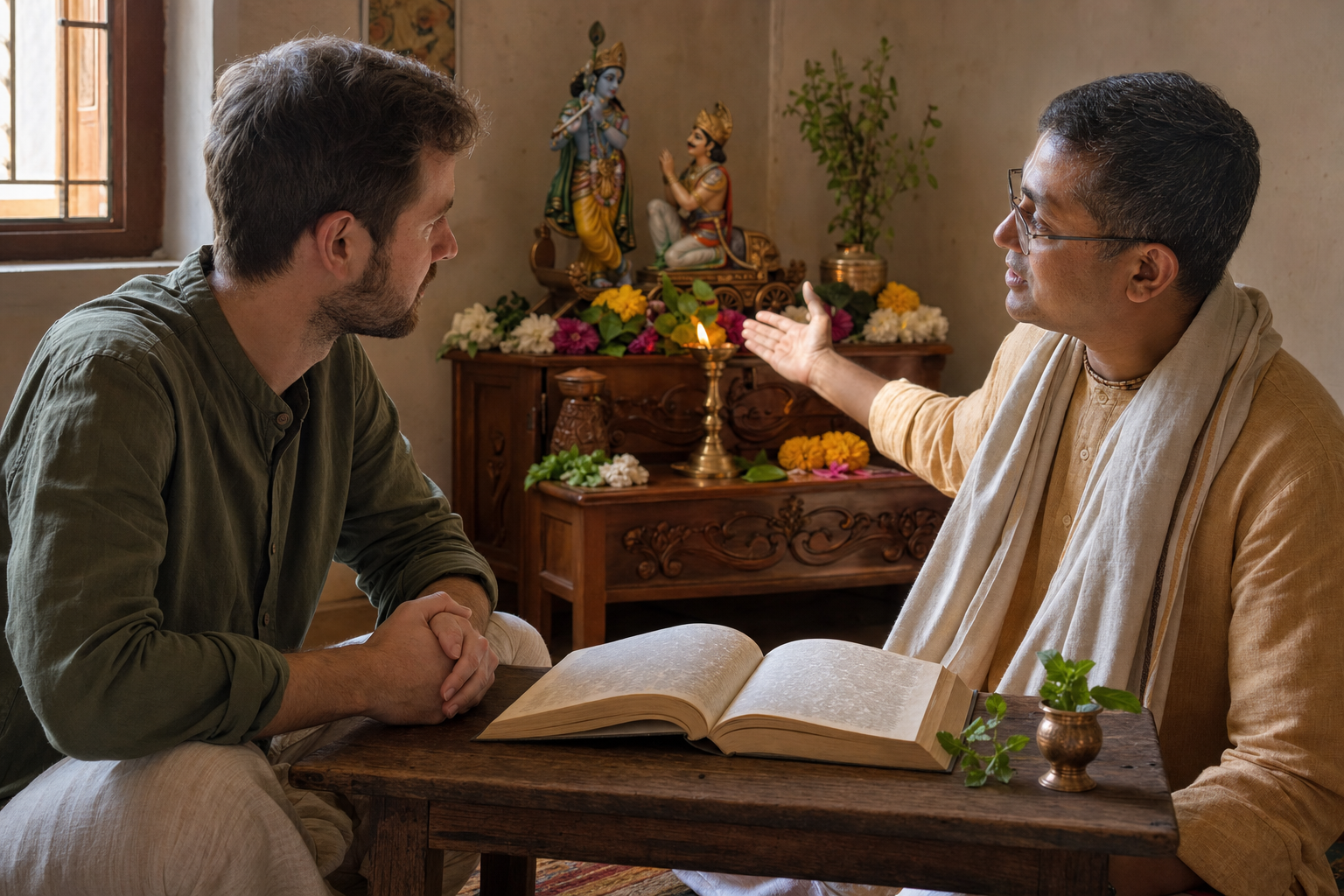 A Vaishnava teacher and a visitor study an open sacred book beside a small Krishna-centered altar with flowers and a brass lamp.