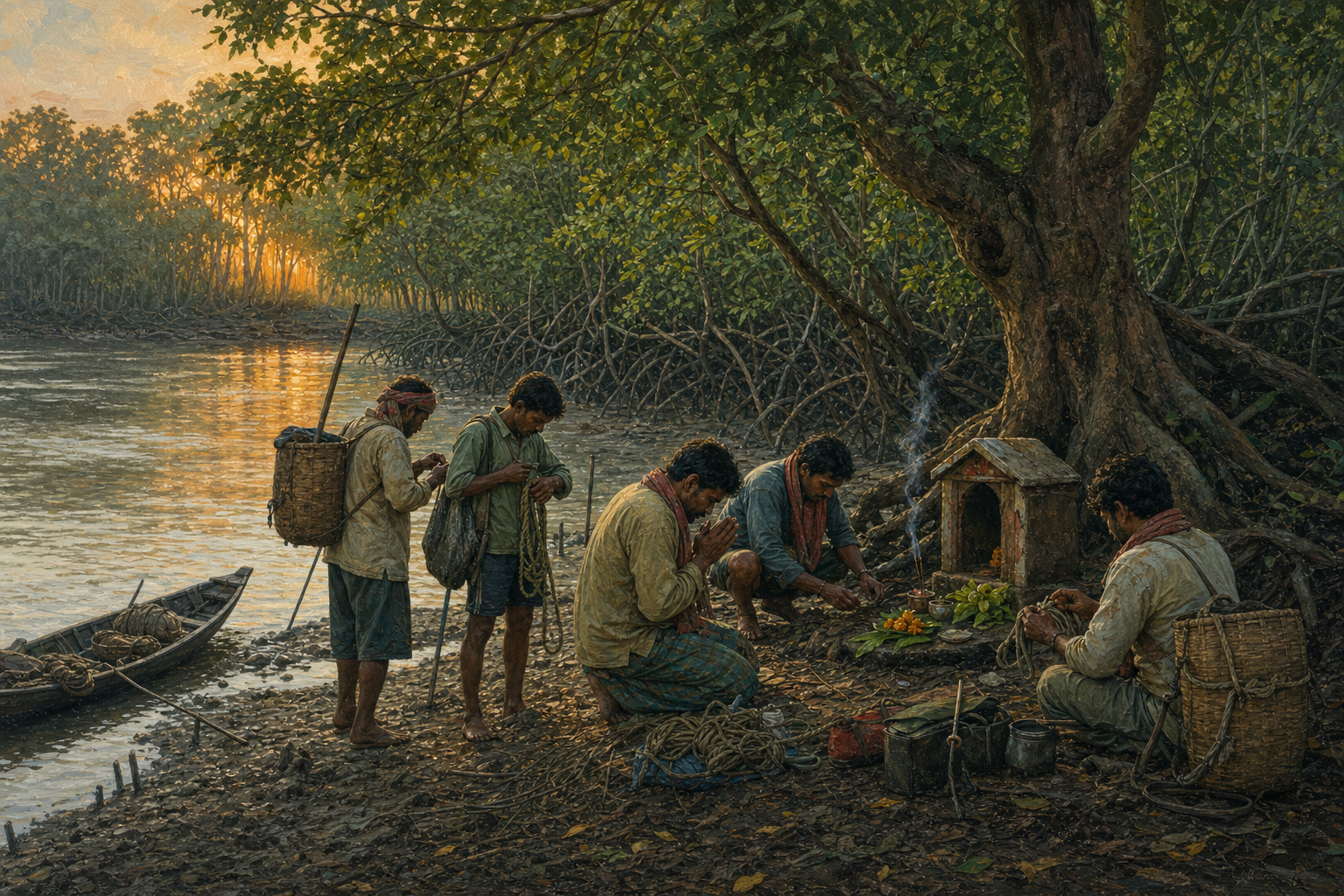 Sundarbans forest workers make a modest offering at a small riverbank shrine while preparing baskets, rope, and protective clothing before entering the mangroves.