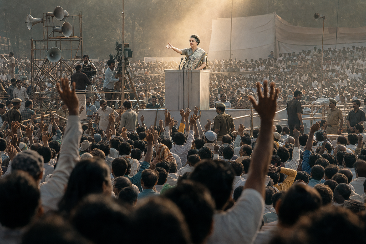 A brightly lit Indira Gandhi addresses a large crowd through microphones and loudspeakers as barricades, marshals and cameras separate the stage from the audience.
