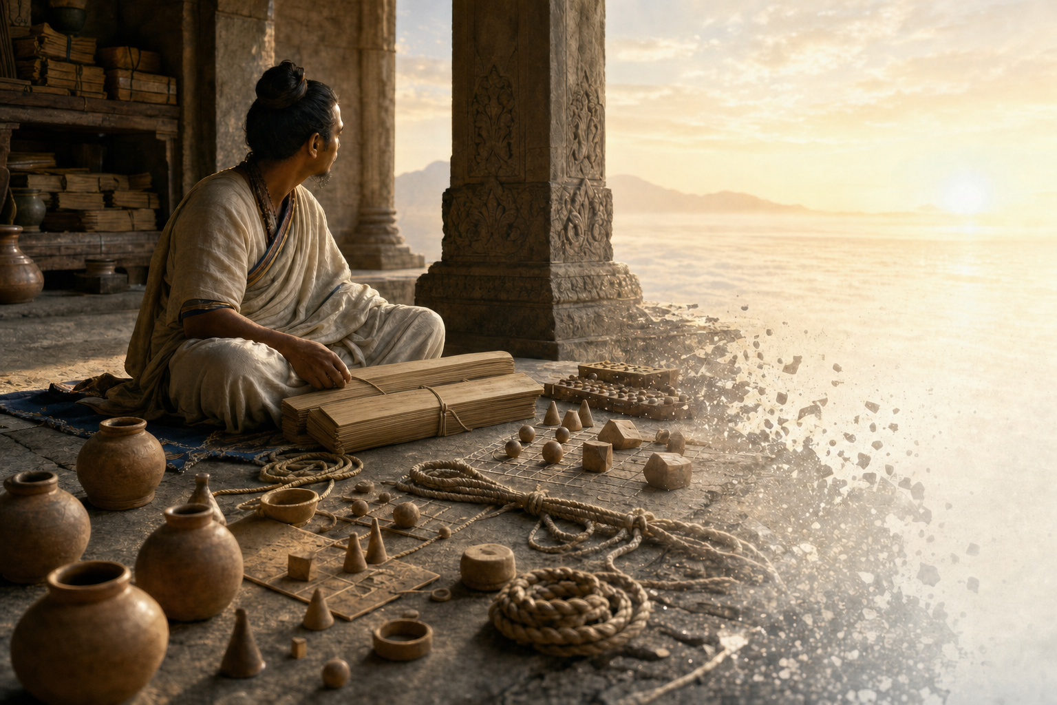 An anonymous medieval Indian scholar sits beside a palm-leaf manuscript as clay objects and measuring cords fade into a luminous open horizon.
