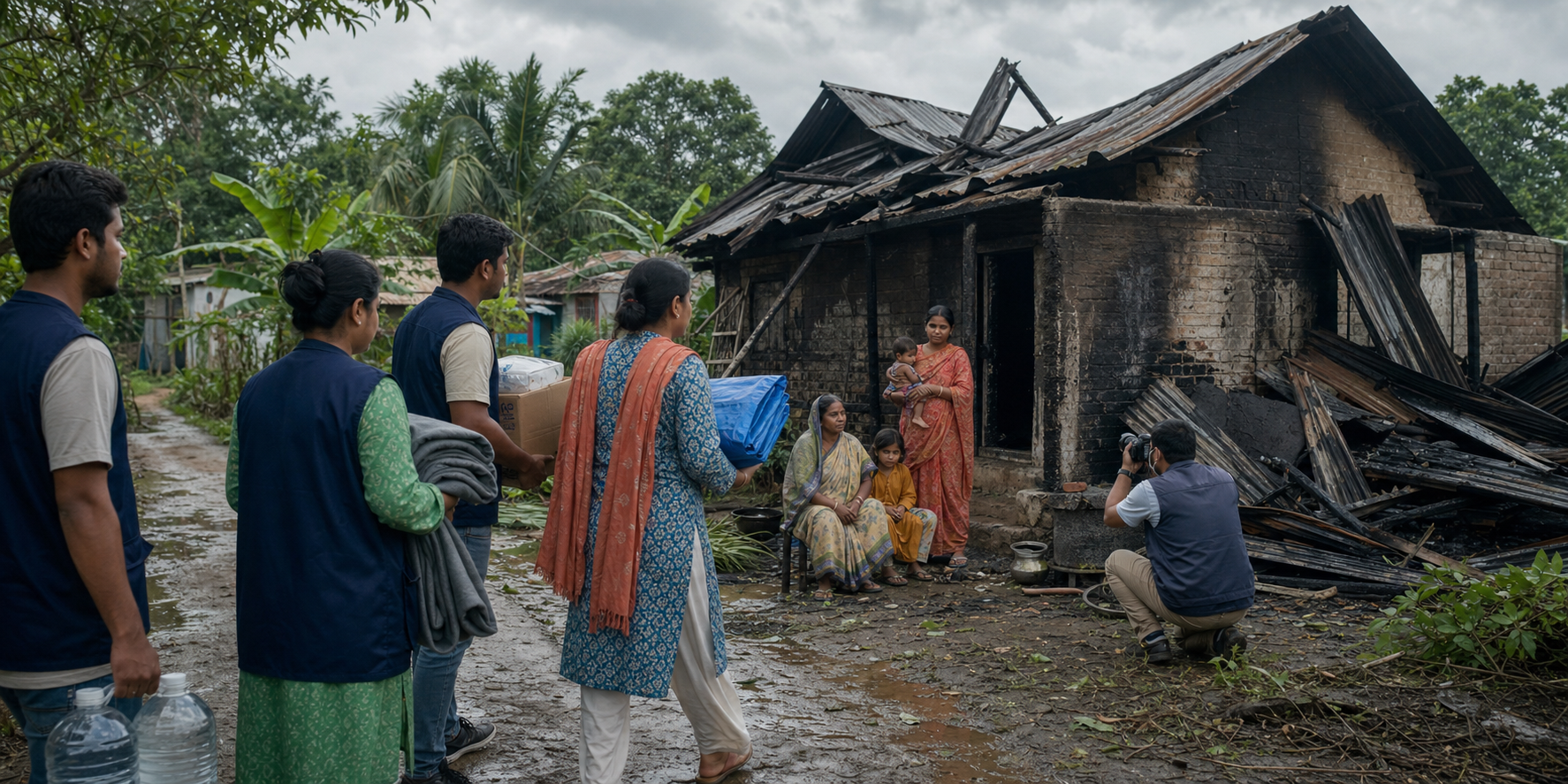Volunteers bring water, blankets and shelter materials to residents beside a burned village home while an evidence worker photographs the damage.