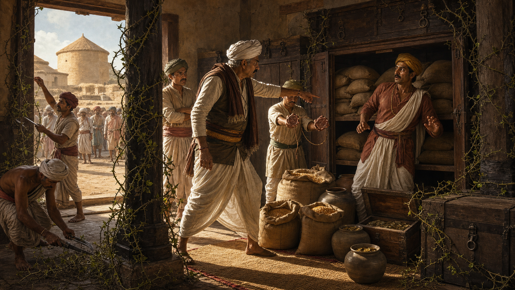 An inspector discovers diverted grain and coins in a revenue office as farmers wait outside near depleted public stores.