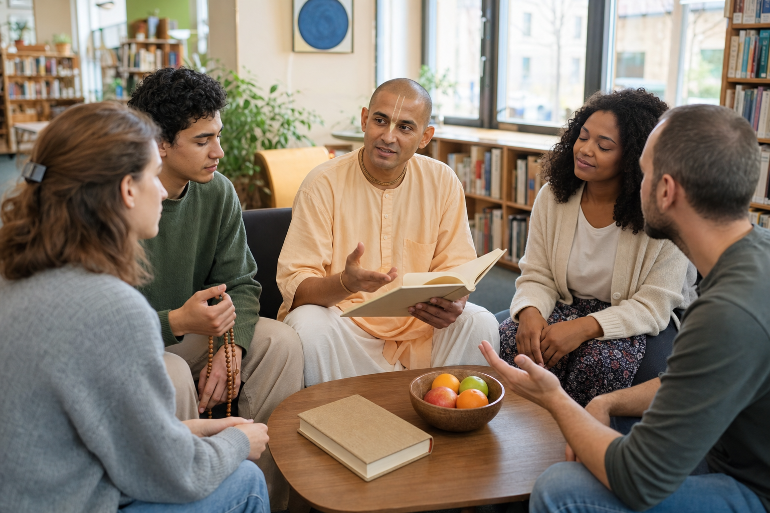 A small multicultural study circle discusses an open sacred book while one participant holds prayer beads in a community library.