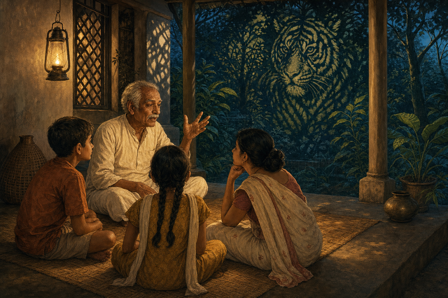 An older person tells a story to three family members on a Bengali veranda while lamplight and leafy shadows form the imagined outline of a tiger behind them.