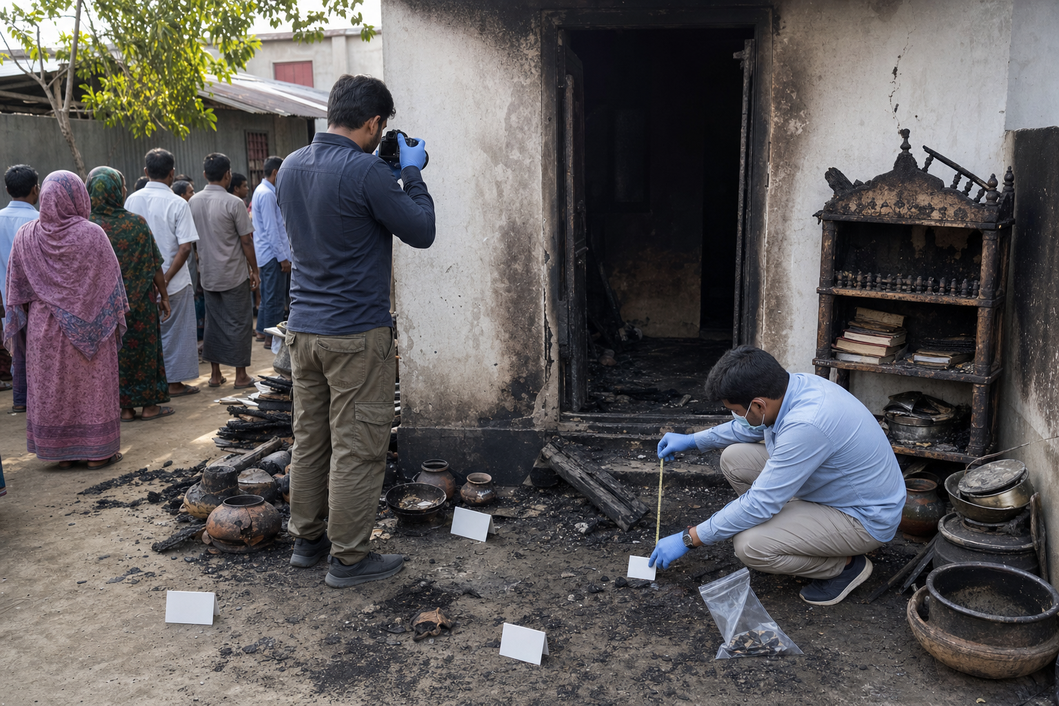 Investigators photograph scorch marks and collect debris from a fire-damaged home while residents wait nearby.