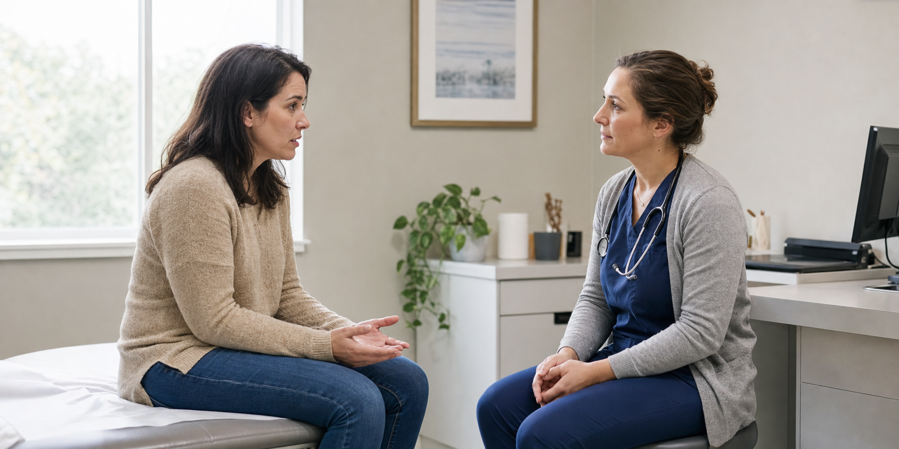 A patient speaks with a clinician seated at the same eye level in a softly lit examination room.