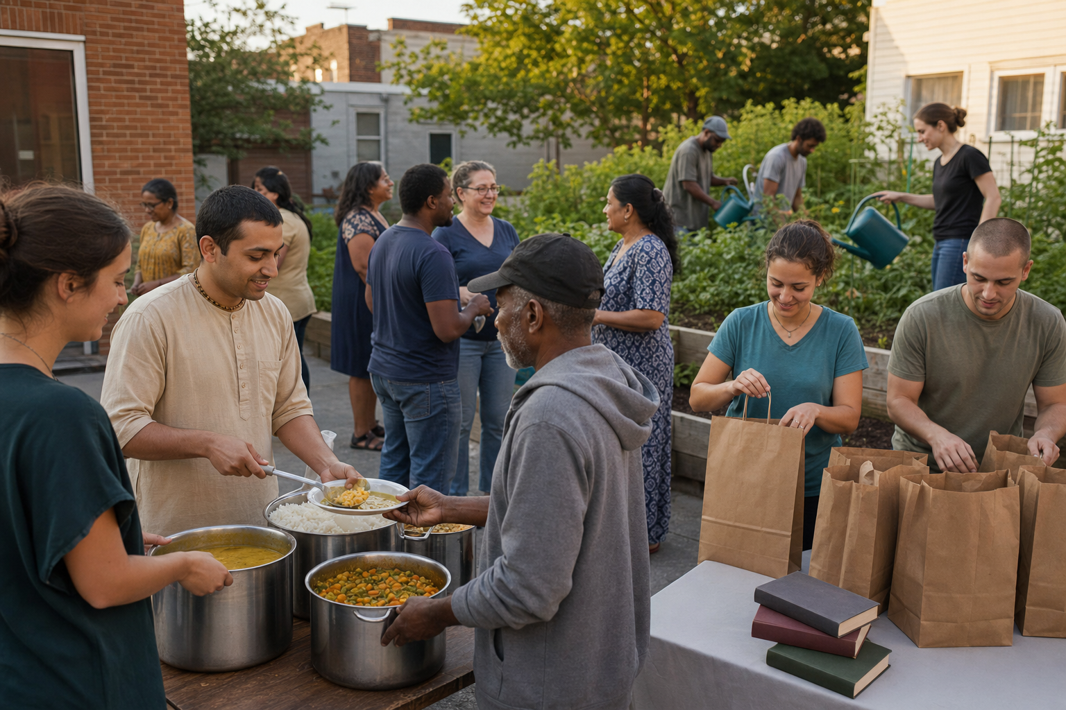 Volunteers serve vegetarian meals, prepare grocery bags, and tend a community garden while speaking with neighborhood residents.