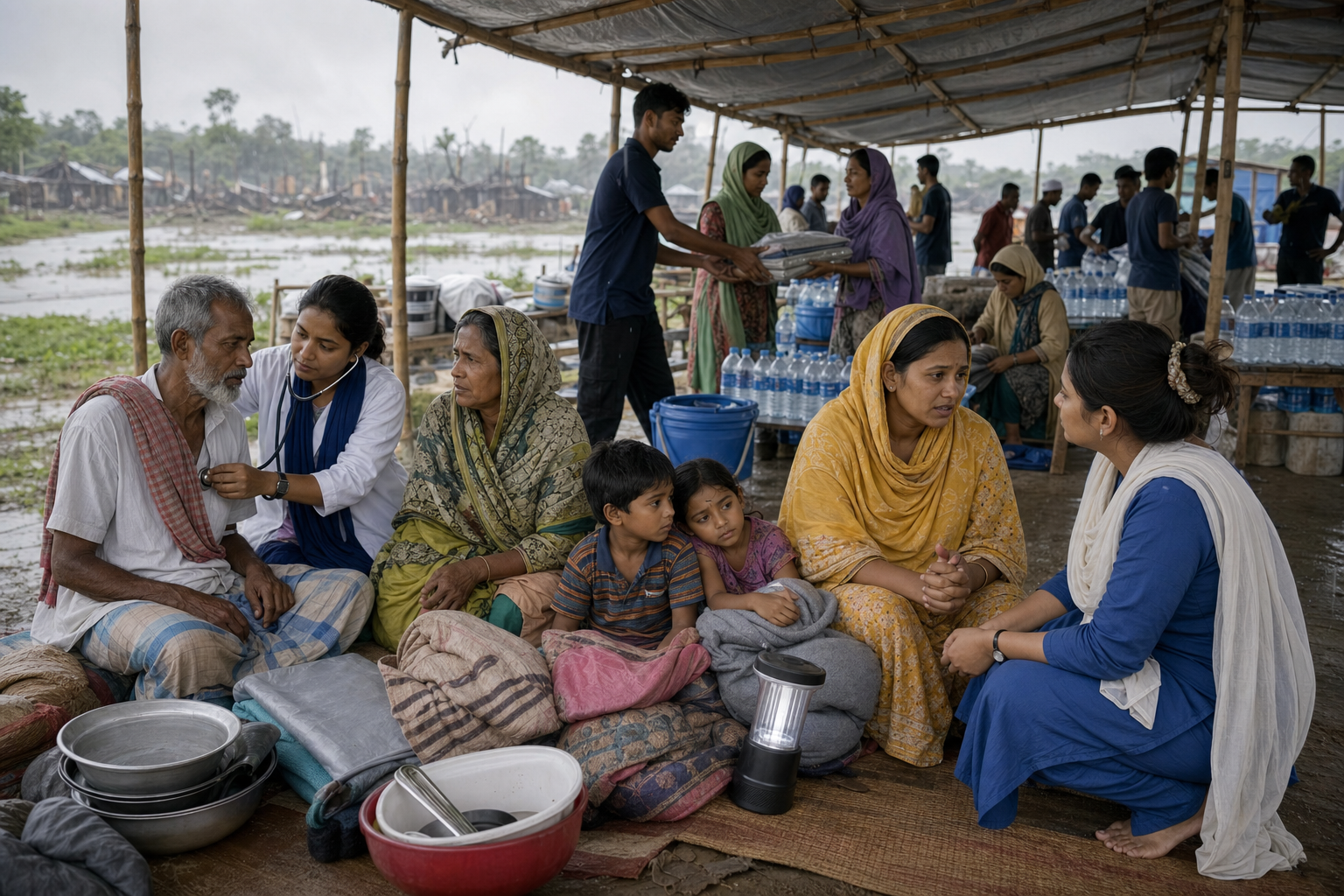 A displaced family receives medical care, food, water and shelter supplies at a temporary relief center.