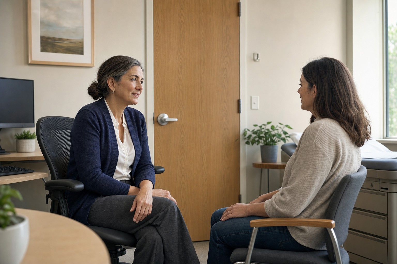 A clinician turns away from the computer and listens to a patient in a private examination room with the door closed.