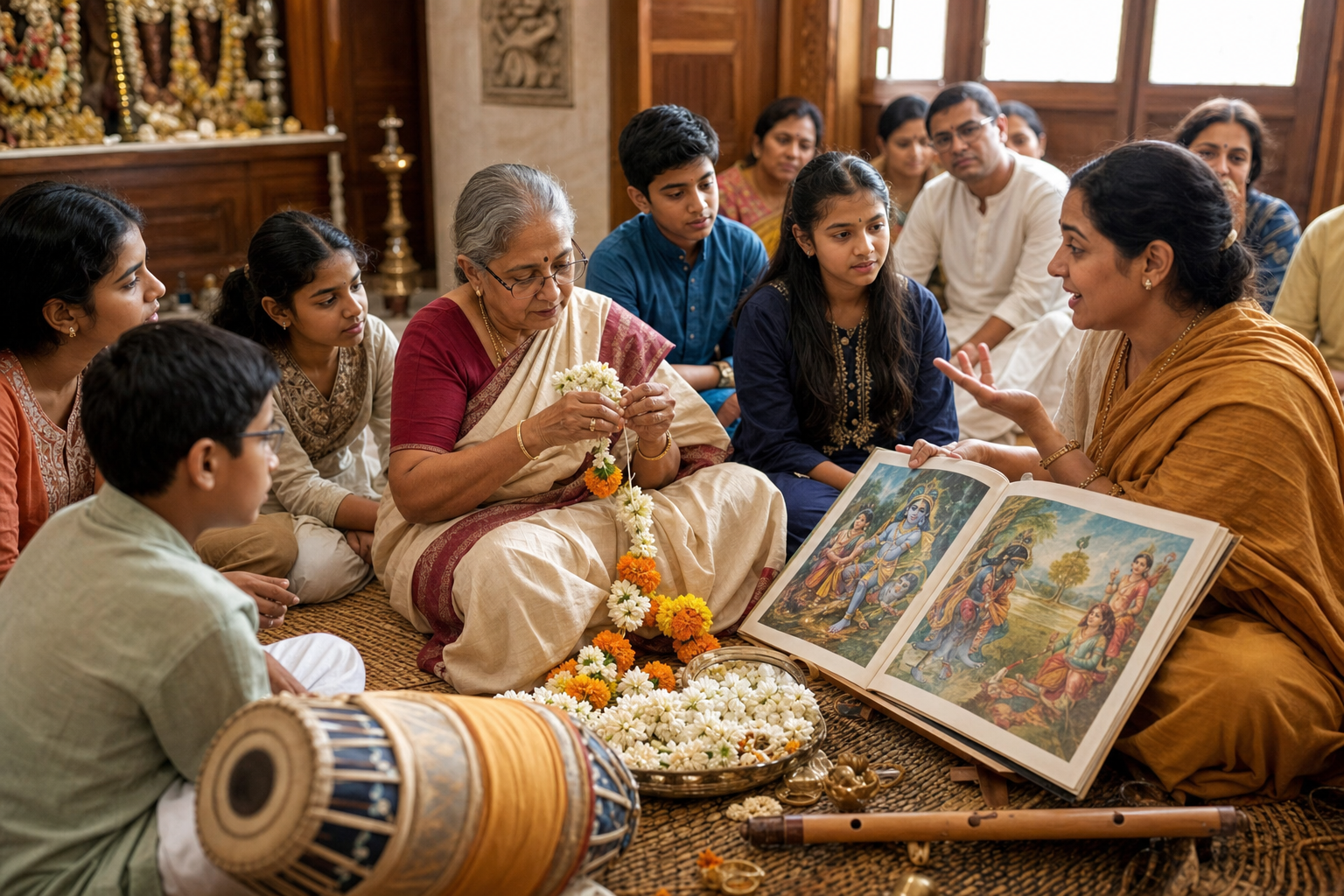 An older woman teaches children to make flower garlands while a teacher shares a Krishna story in a temple community room.