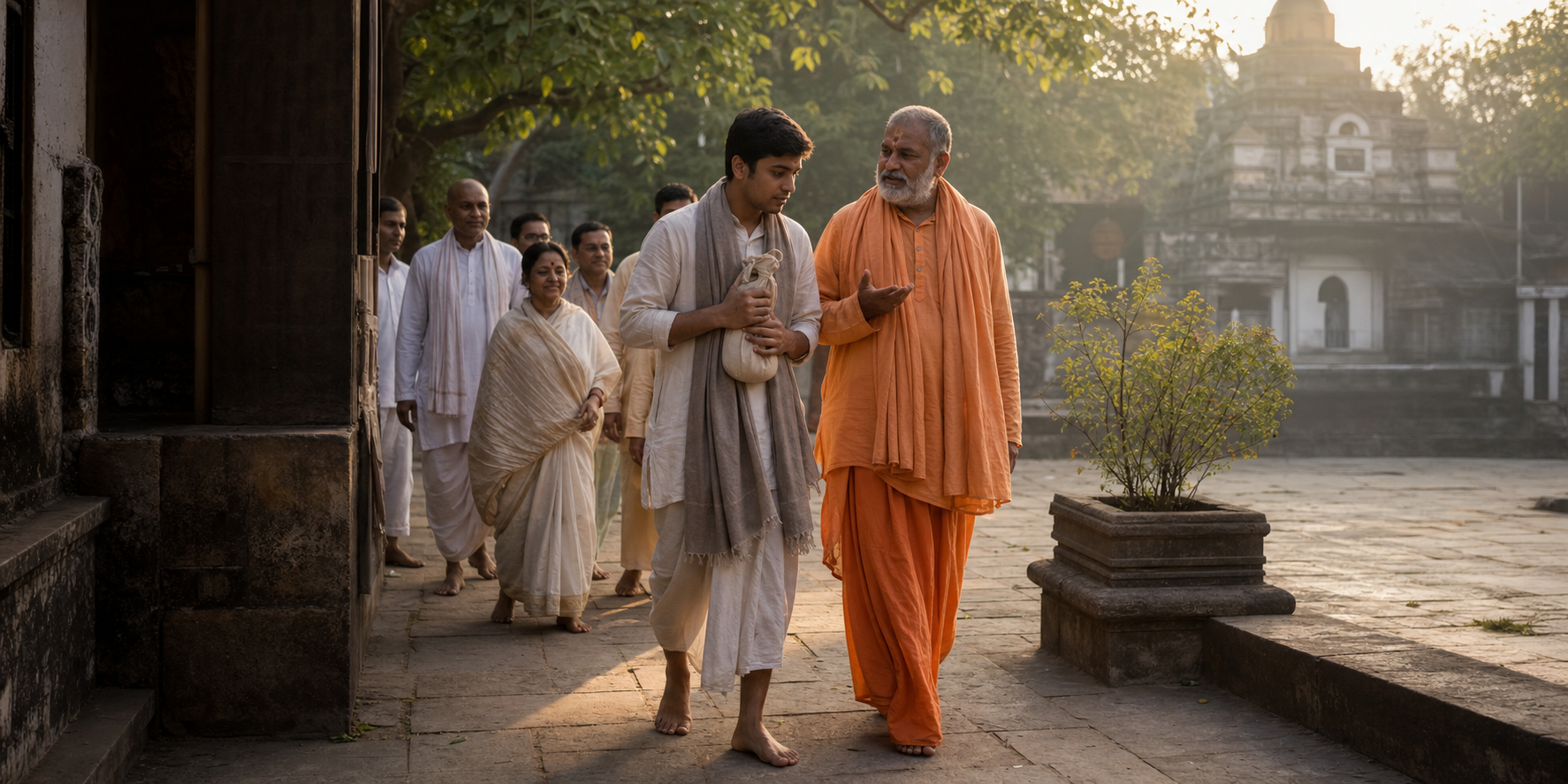 A young practitioner carrying a japa bead bag walks through a sunlit temple courtyard beside an elder sadhu and a small devotional community.