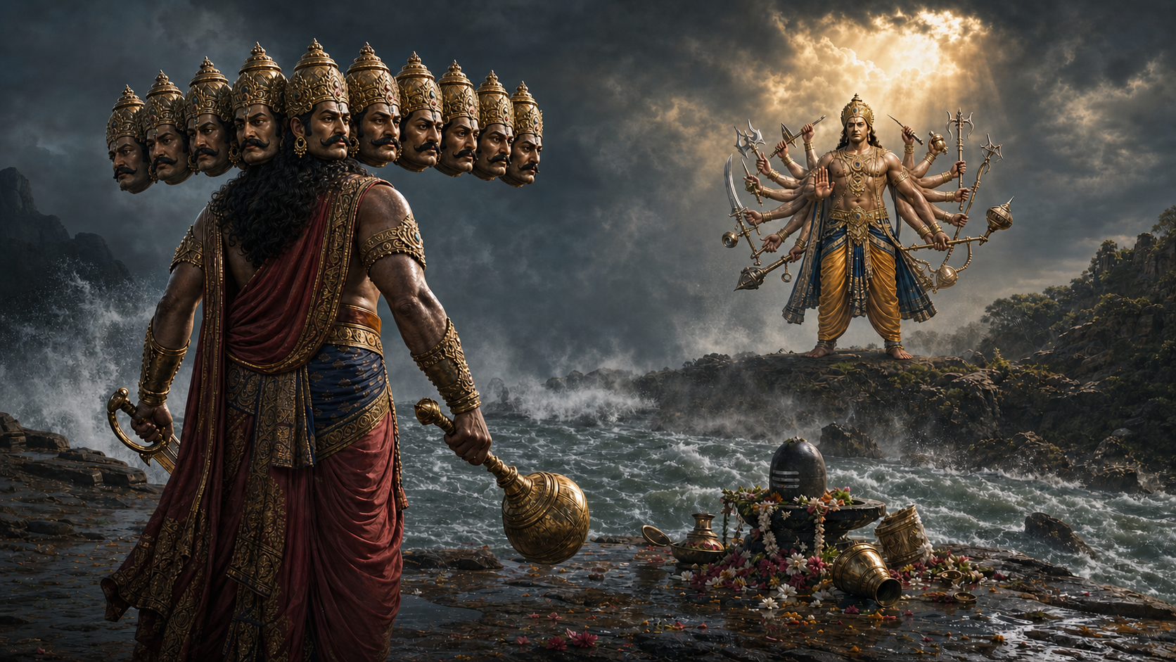 Ravana and the many-armed Kartavirya Arjuna confront each other beside a swollen river and a disrupted Shiva worship altar.
