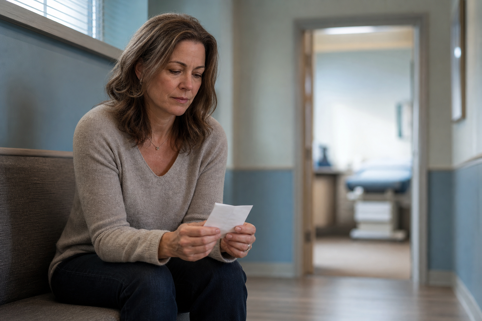 A patient sits outside an examination room holding a folded blank note and gathering courage before an appointment.