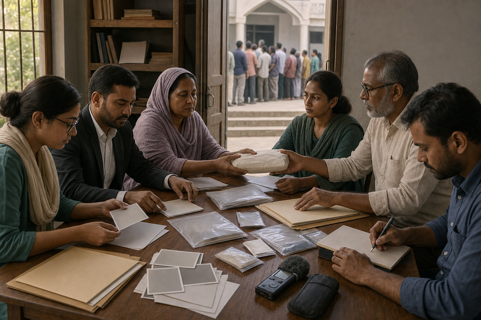 Survivors, lawyers and relief workers organize photographs, sealed evidence and assistance records at a table near a courthouse.