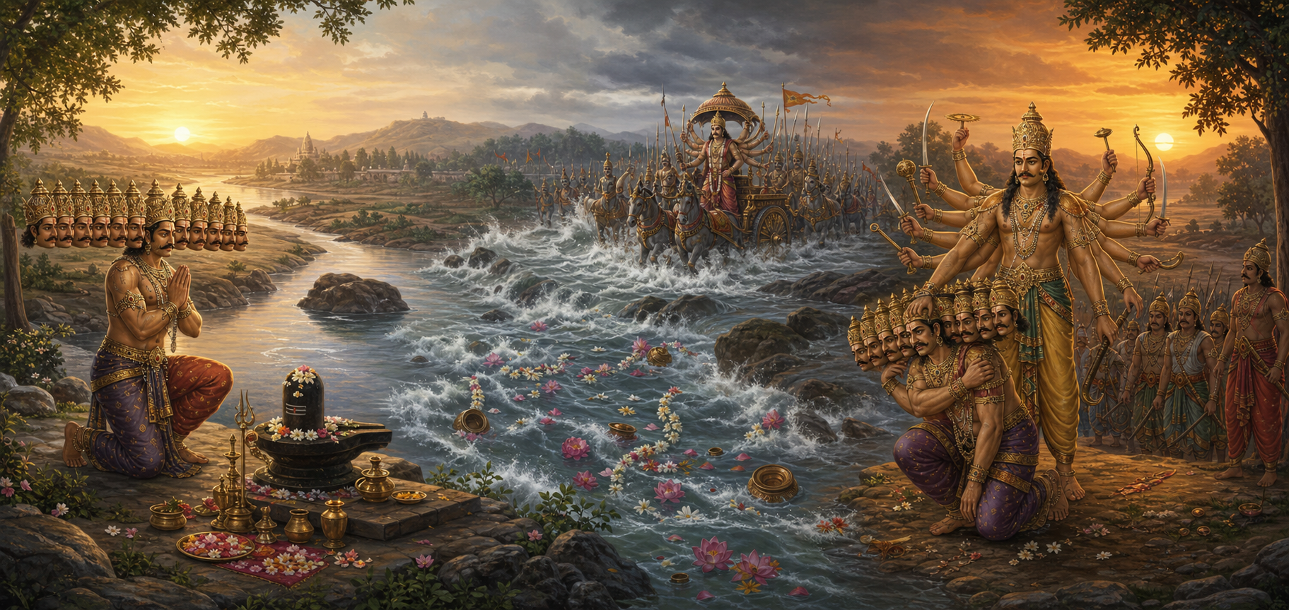 A continuous river landscape shows Ravana worshipping Shiva, his offerings being disturbed by rising water, and his later defeat by Kartavirya Arjuna.