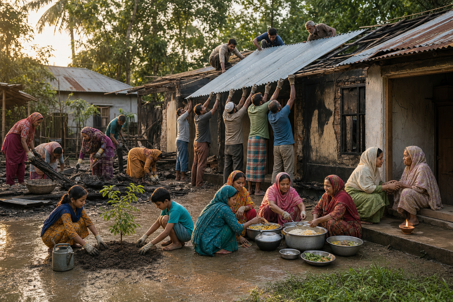 Neighbors of different faiths help Hindu residents clear debris, repair a damaged home and care for an elderly survivor.