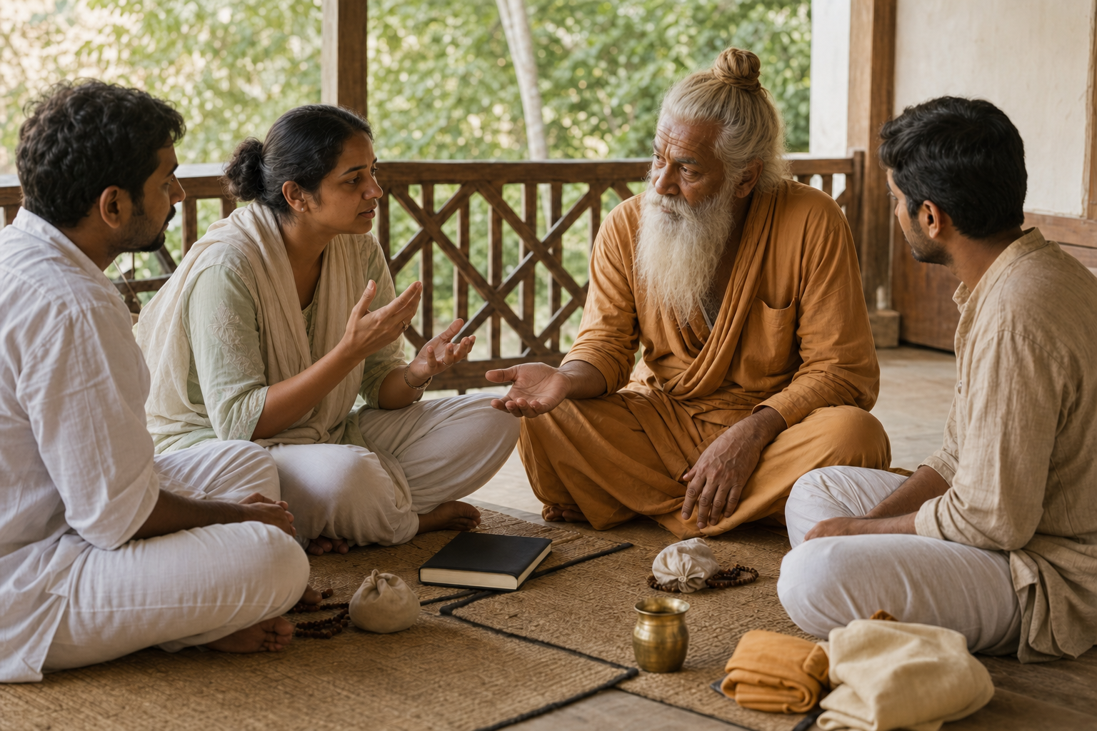 An elder sadhu listens to a practitioner while a small group sits together on woven mats in an ashram veranda.