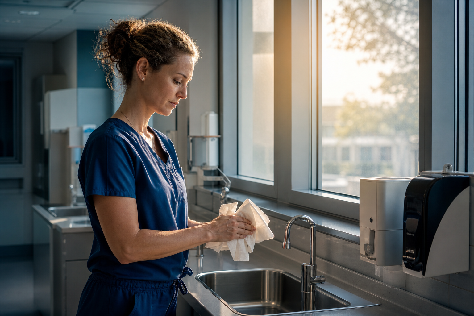 A healthcare professional thoughtfully dries clean hands beside a softly lit hospital window between patient visits.