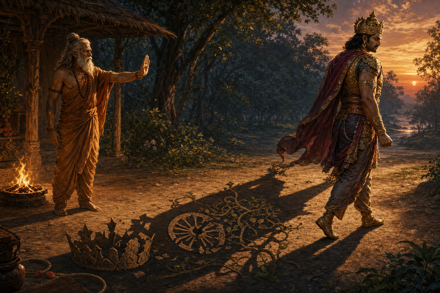 A sage raises a hand toward a departing crowned warrior whose shadow changes into a cracked crown, broken wheel, and tangled vines.