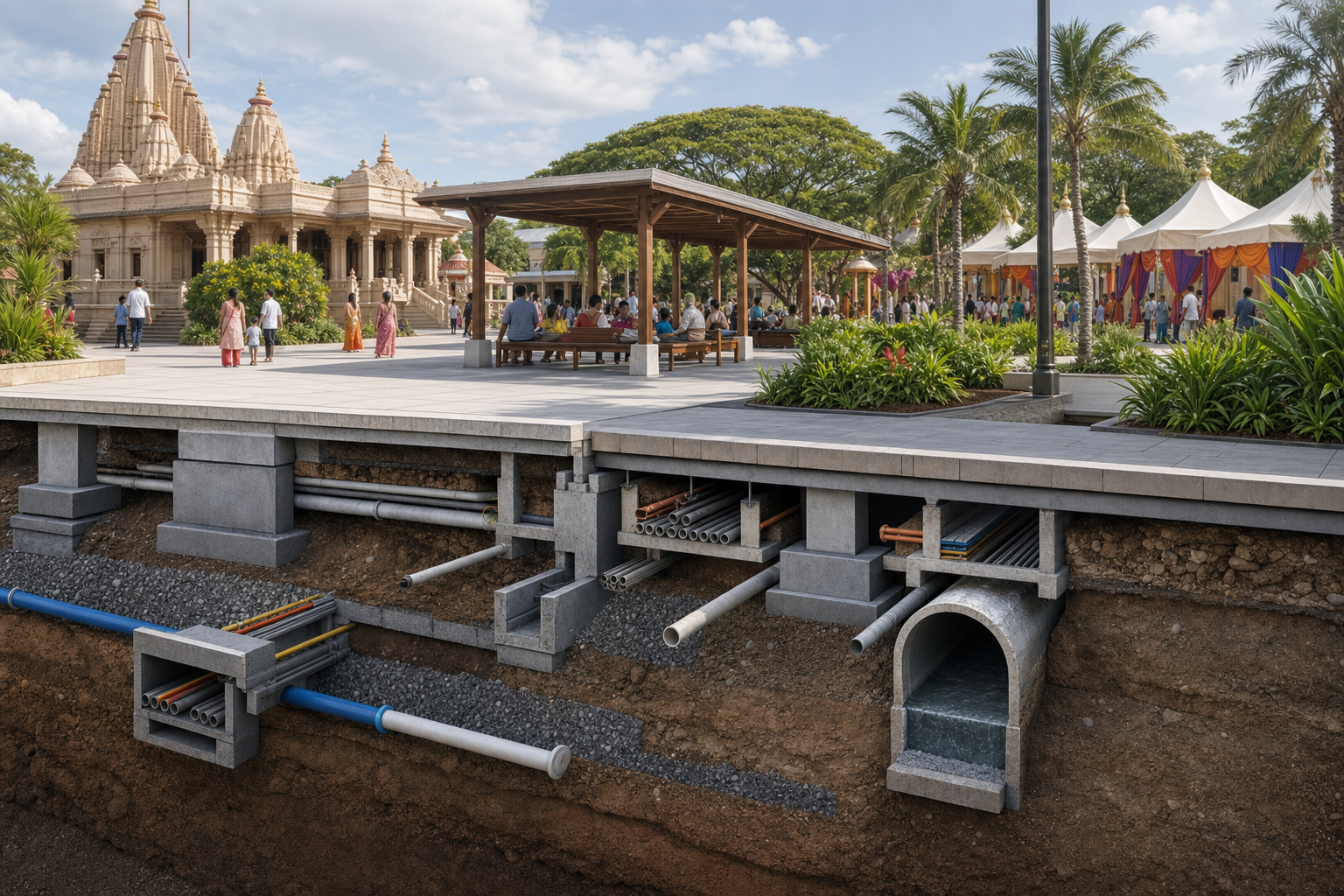Cutaway illustration of a temple courtyard above stabilised ground, drainage, utility pipes, electrical conduits, and reinforced foundations.