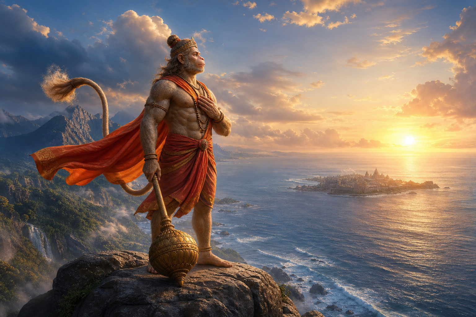 Hanuman stands calmly on a coastal rock with a lowered mace as the sun rises over the ocean and a distant island city.