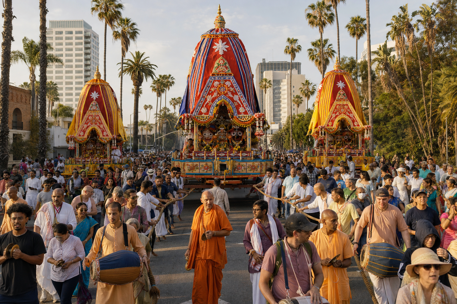 Three decorated temple chariots and a large multigenerational crowd move through a palm-lined Los Angeles street during a Rathyatra procession.