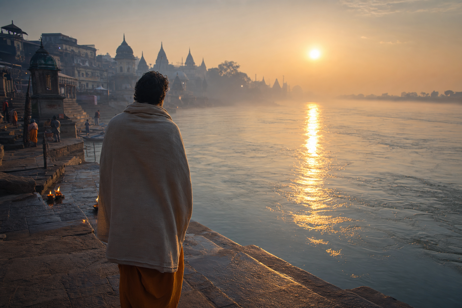 A pilgrim pauses on stone steps beside a sacred river at dawn as golden sunlight reflects across the water toward misty temples.