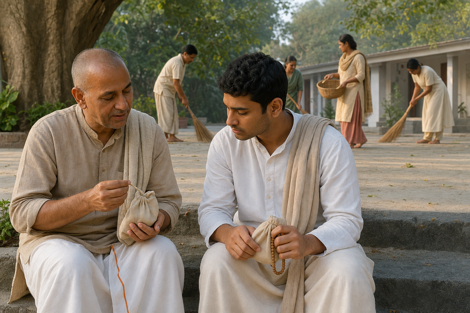 A mentor demonstrates attentive japa to a younger practitioner while members of their community perform simple courtyard service nearby.