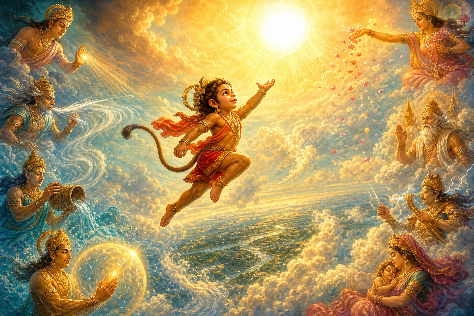 Young Hanuman leaps toward the glowing sun while celestial figures surround him with rays of blessing.