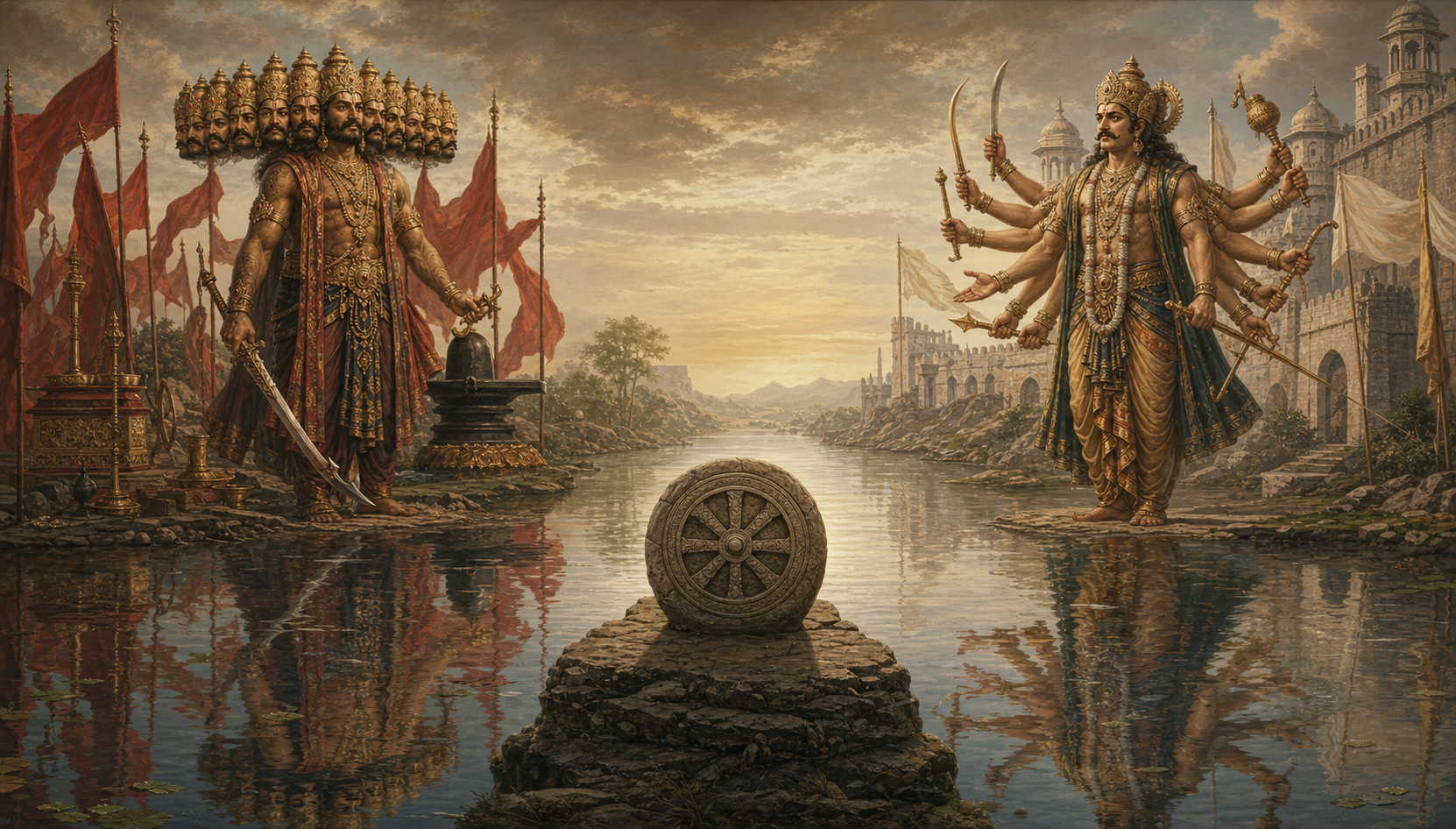 Ravana and Kartavirya Arjuna stand on opposite riverbanks as their reflections ripple around a central carved dharma wheel.
