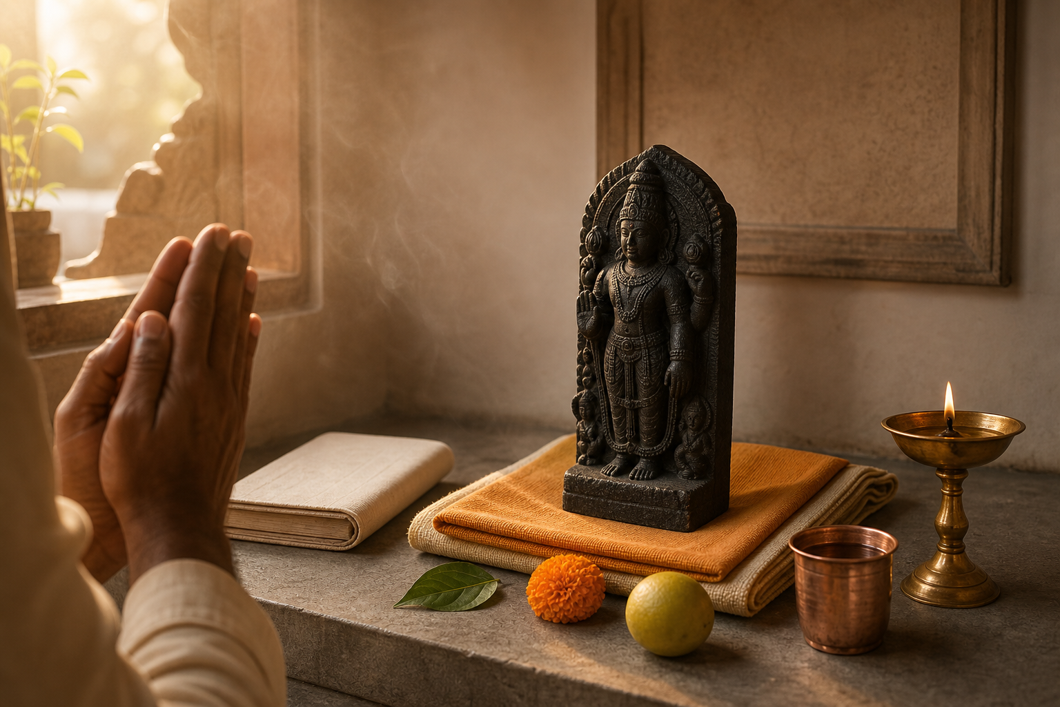 A devotee pauses with folded hands before a slightly chipped stone murti resting securely on clean cloth beside a lamp, water, flower, leaf, and fruit.