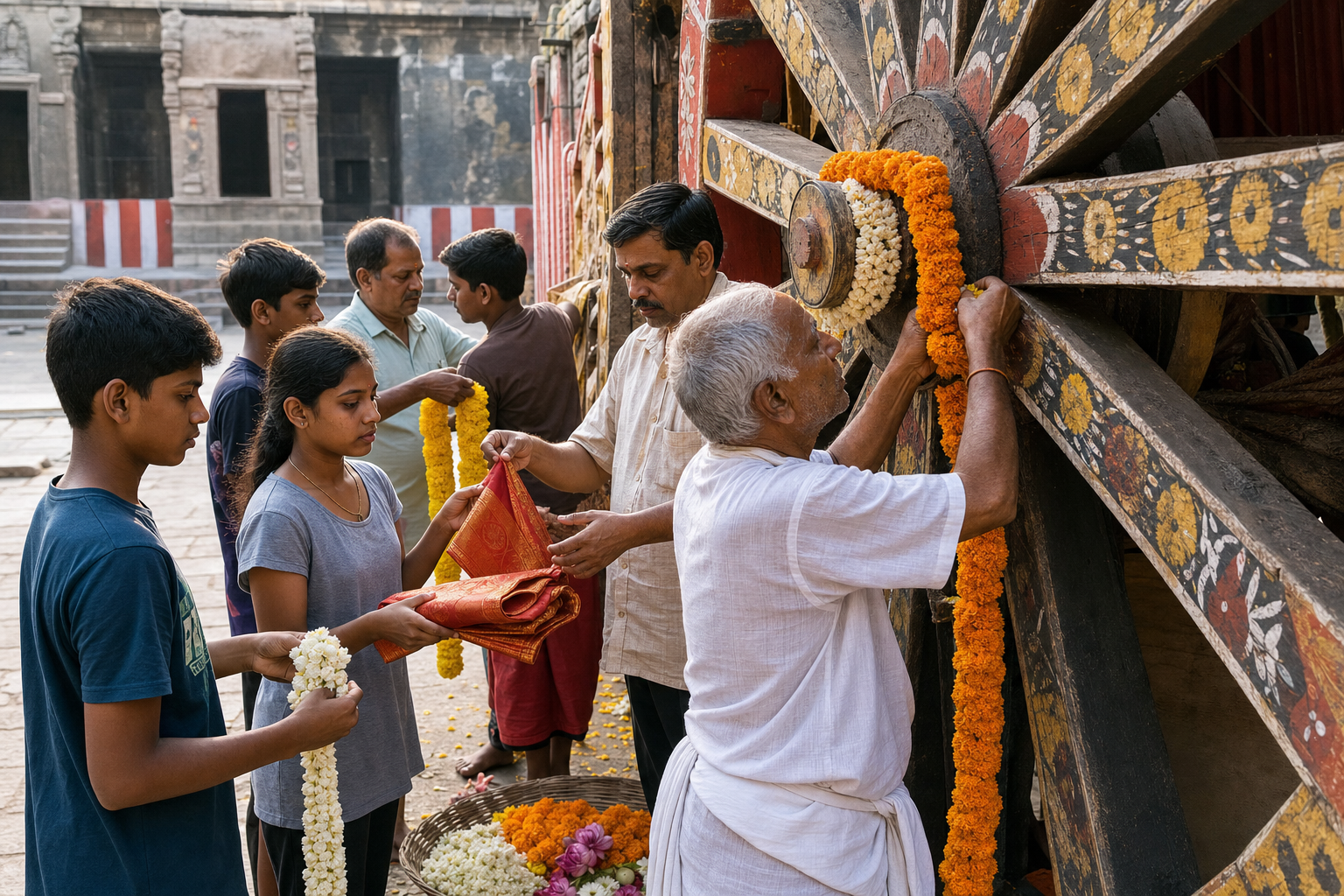 Older and younger volunteers prepare flower garlands and ceremonial fabric beside a large wooden chariot wheel in a temple courtyard.