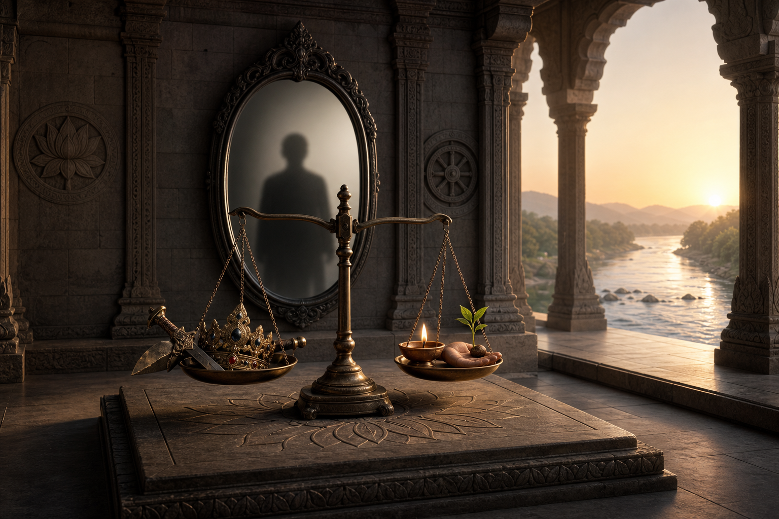 A crown and weapon are weighed against an oil lamp, an open hand, and a sprouting seed in a stone hall overlooking a river.