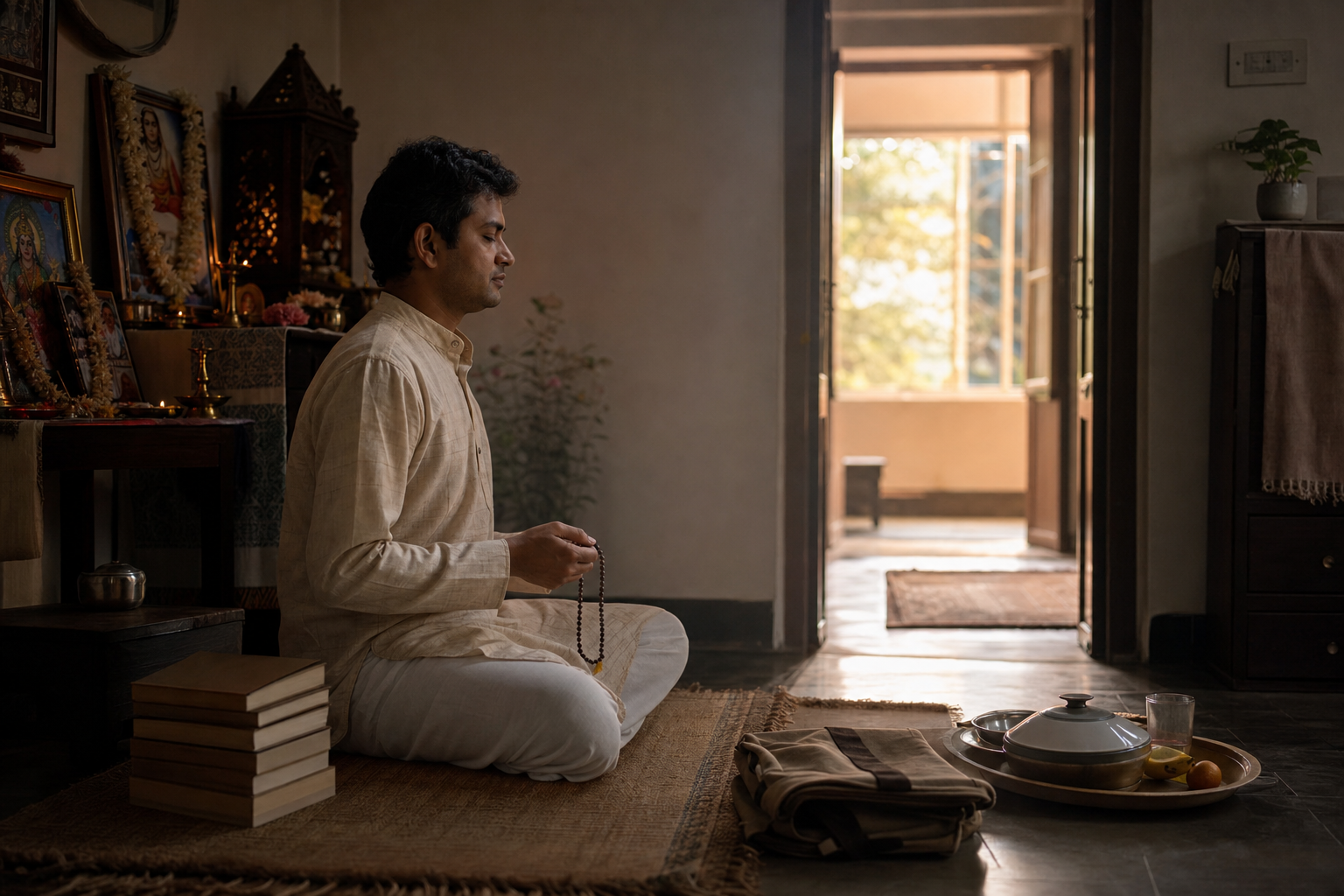 A practitioner quietly chants with a japa bead bag before dawn in a simple home shrine room, with daily responsibilities prepared nearby.