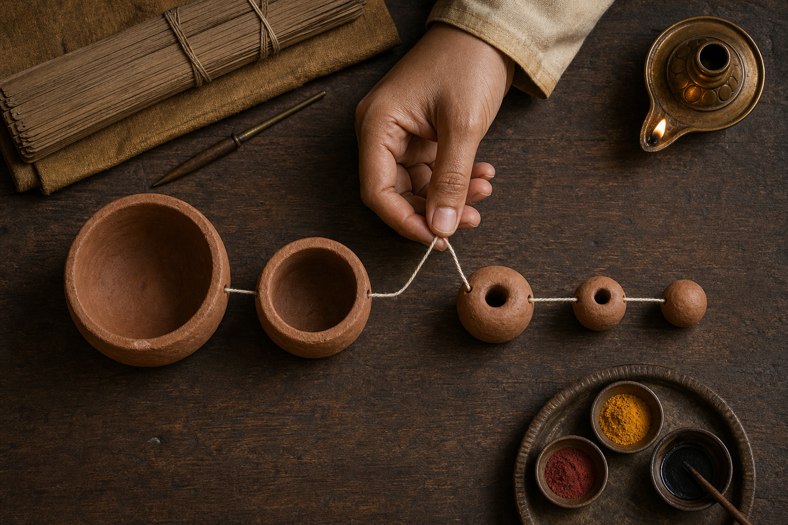 A scholar's hand examines a chain of cotton cords linking separated clay forms on a wooden study table.
