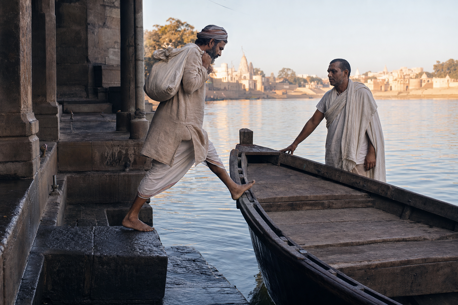 A pilgrim carrying a cloth bundle steps from a shaded riverbank into a small ferry bound for a sunlit opposite shore.