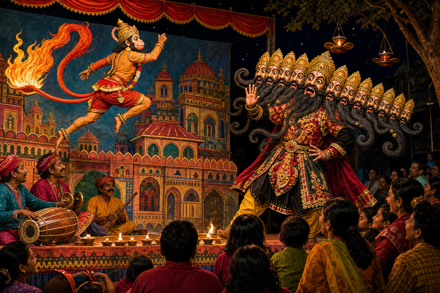 A village folk-theatre performance shows Hanuman setting painted Lanka rooftops alight while a ten-headed Ravana character reacts comically.