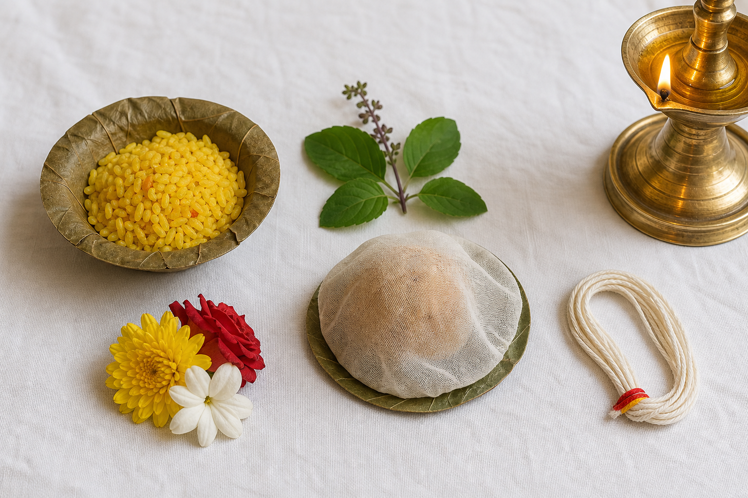 Turmeric-coated sacred rice, tulasi leaves, prasadam, flowers, and a folded sacred thread are arranged on a clean white cloth beside a brass lamp.