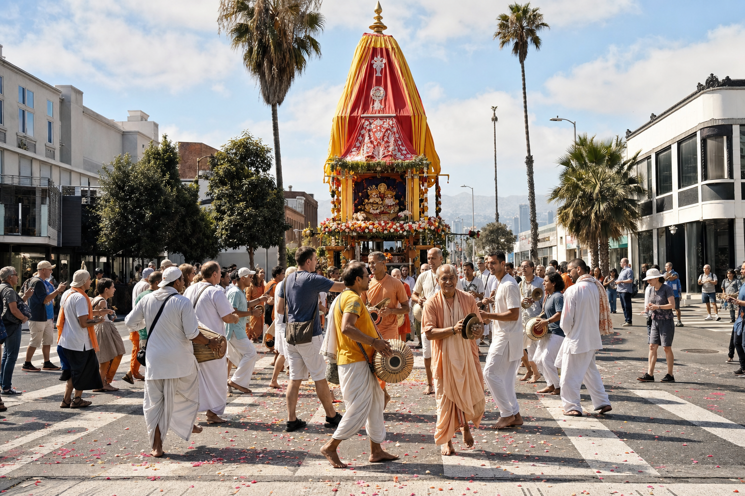 A decorated Rathyatra chariot and kirtan procession pass through a Los Angeles intersection as pedestrians watch from the sides.