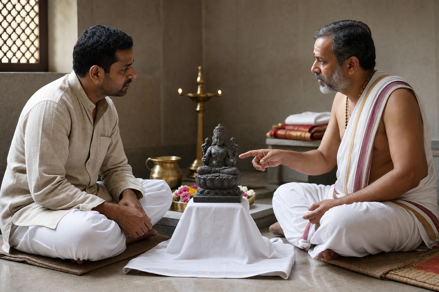 A householder consults a Hindu ritual guide about a stone murti placed respectfully on a raised clean cloth in a temple room.