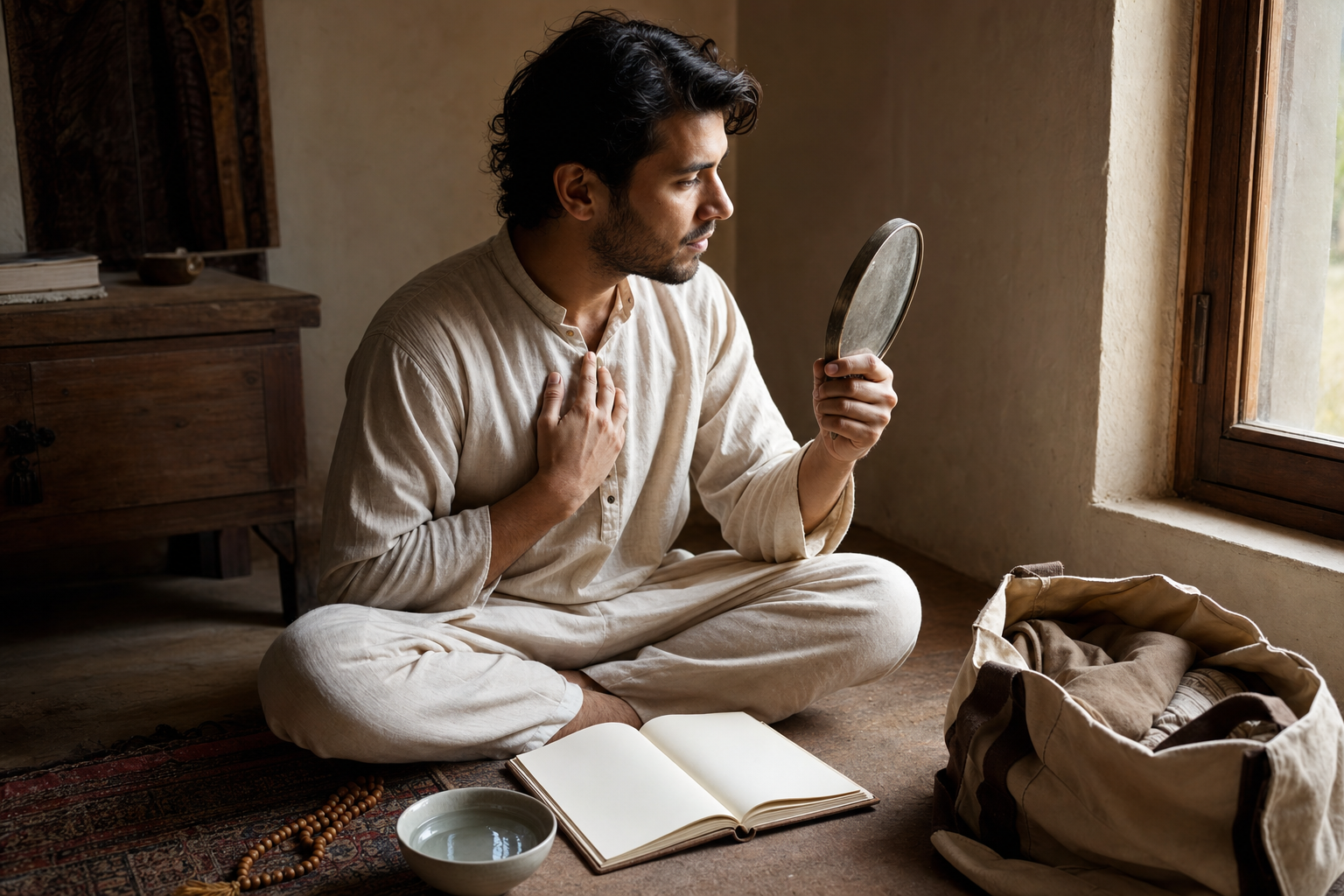 A seated pilgrim reflects beside a blank notebook, prayer beads, a bowl of water, and an open travel bag in a quiet room.