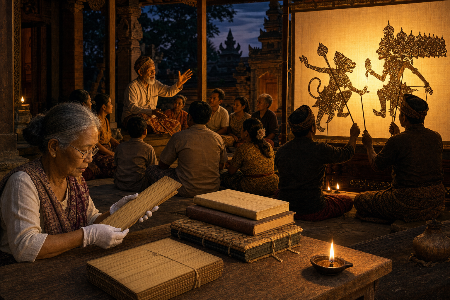 An elder tells a story beside a shadow-puppet performance while an illustrated palm-leaf manuscript rests in the foreground.