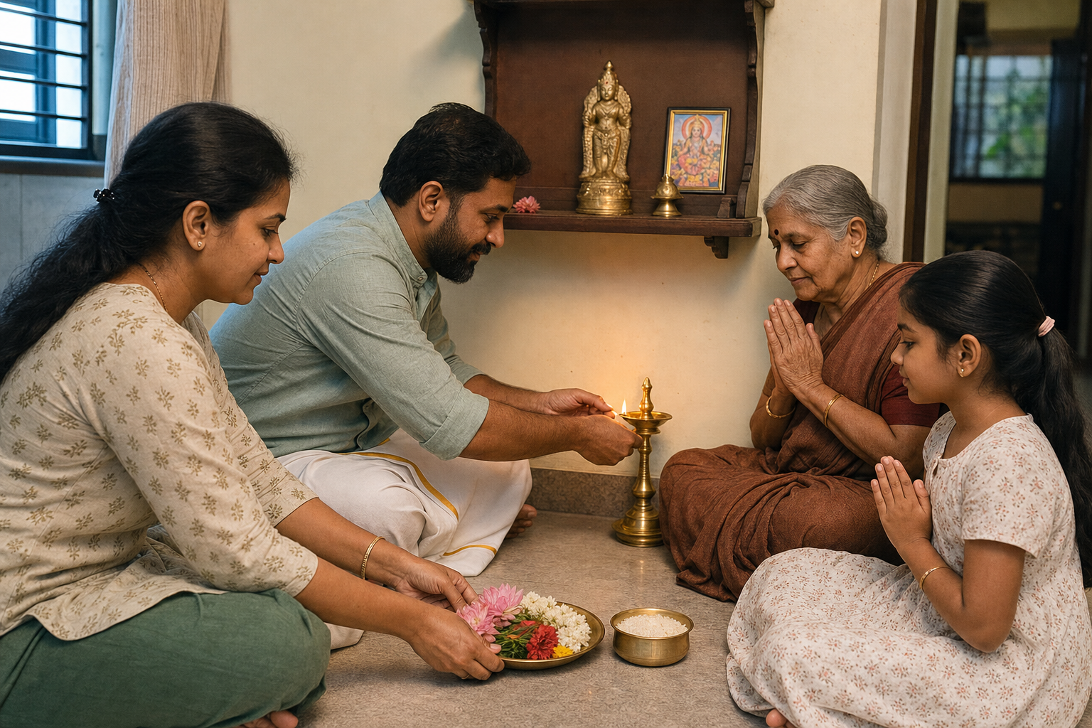 A family gathers before a modest home prayer shelf as one person lights a brass lamp and another places flowers and sacred rice.