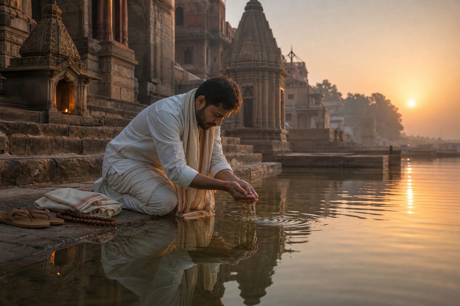 A kneeling pilgrim pours water from cupped hands at a riverside ghat while temples and the pilgrim's reflection appear in the calm water.