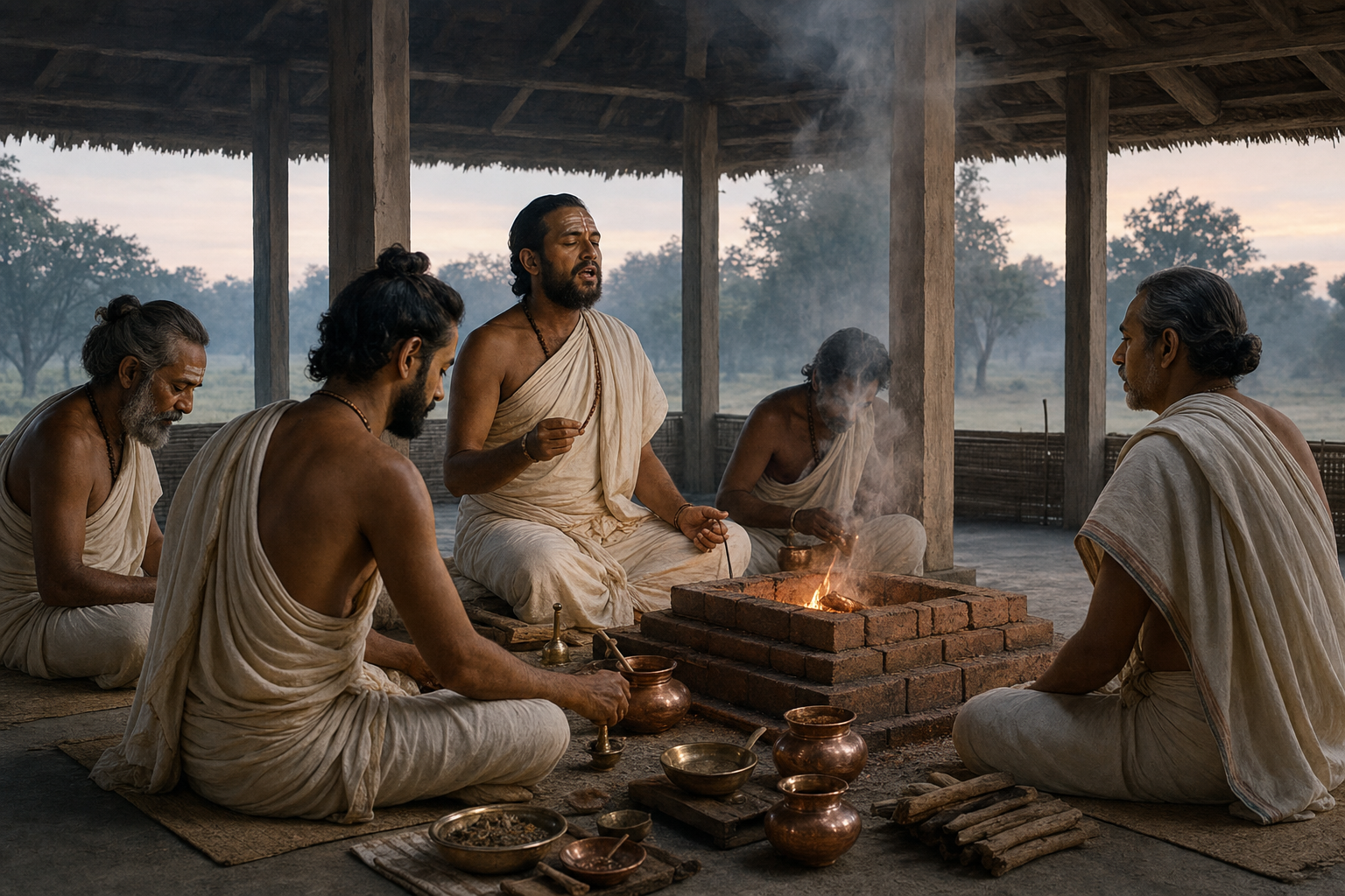 Priests perform different duties around a Vedic fire altar while one priest delivers a measured recitation.